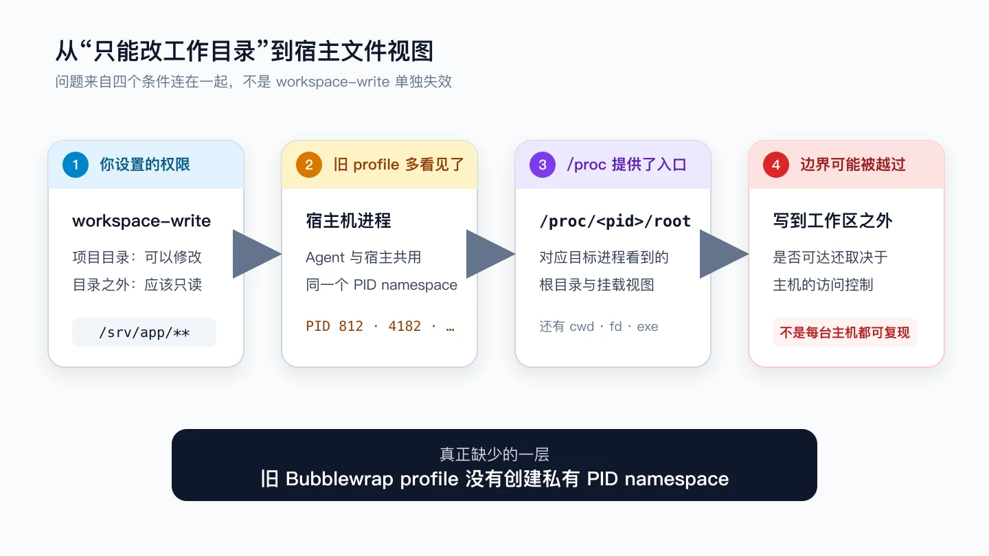 workspace-write、宿主进程、proc 路径与越界写入风险之间的四步关系