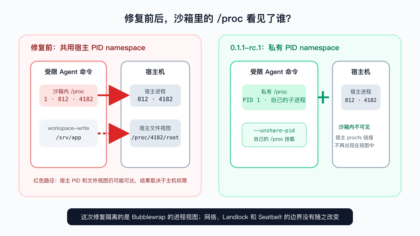 DeepSeek Harness 修复前共用宿主 PID namespace，修复后使用私有 PID namespace 的对比