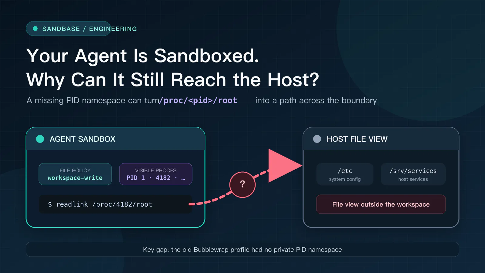 A restricted Agent sandbox connected to a host file view through a highlighted /proc path